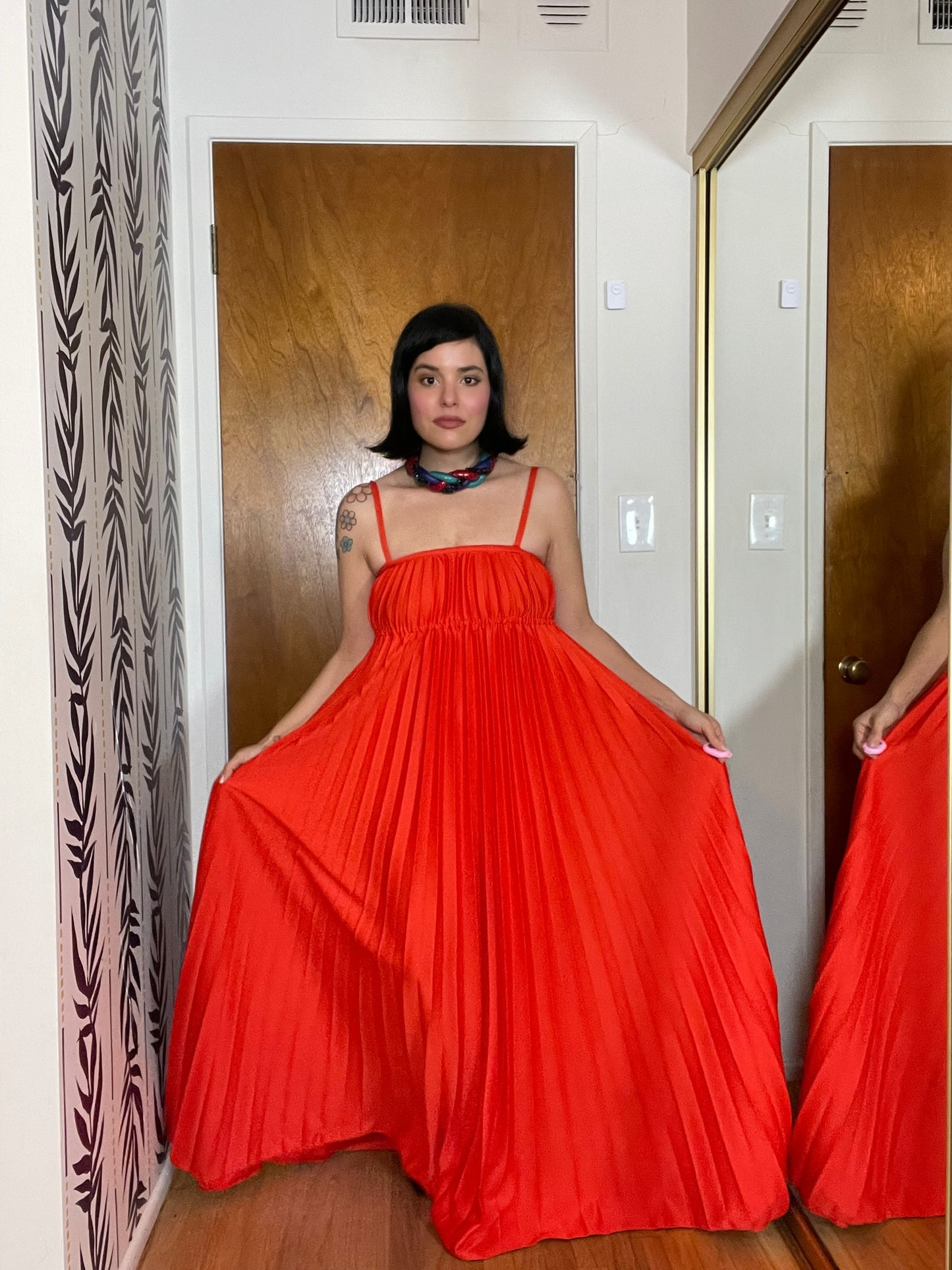 Vintage 70s "Oggee" Red Pleated Dress - Best Fits Size XS-S, Possibly M