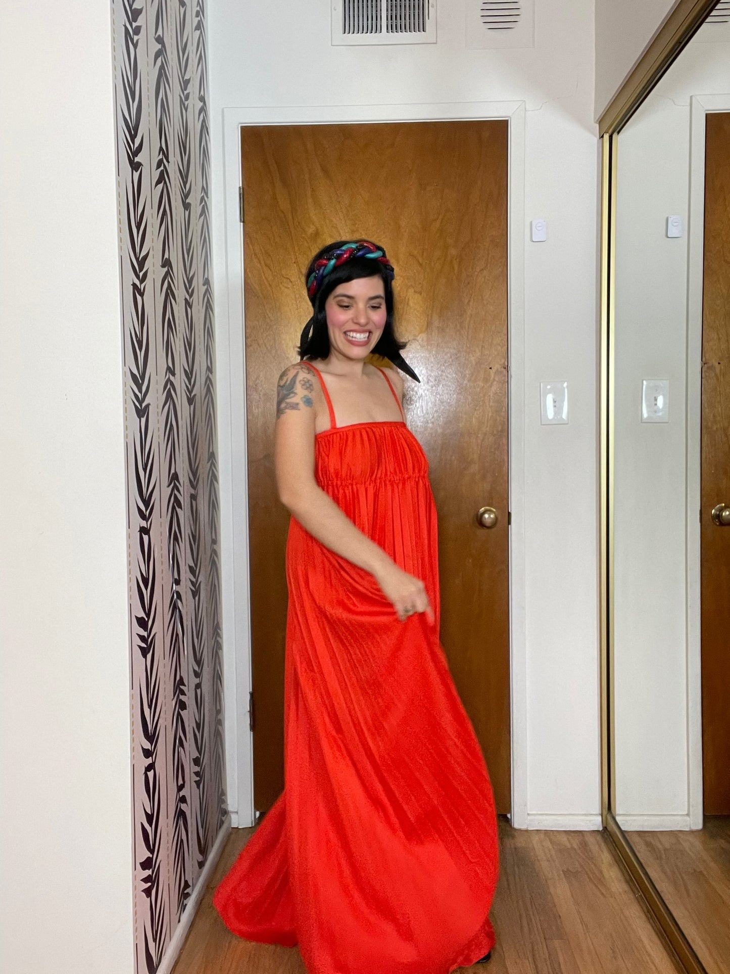 Vintage 70s "Oggee" Red Pleated Dress - Best Fits Size XS-S, Possibly M