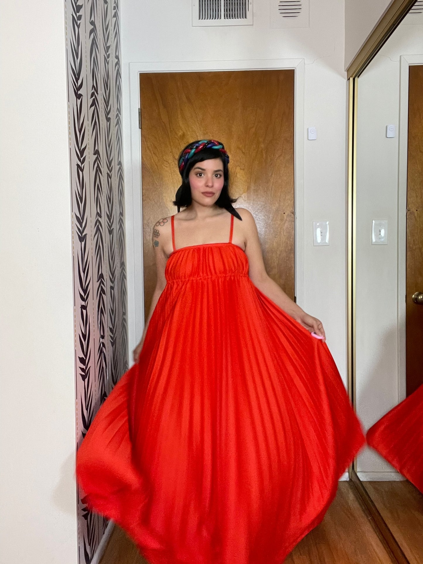 Vintage 70s "Oggee" Red Pleated Dress - Best Fits Size XS-S, Possibly M