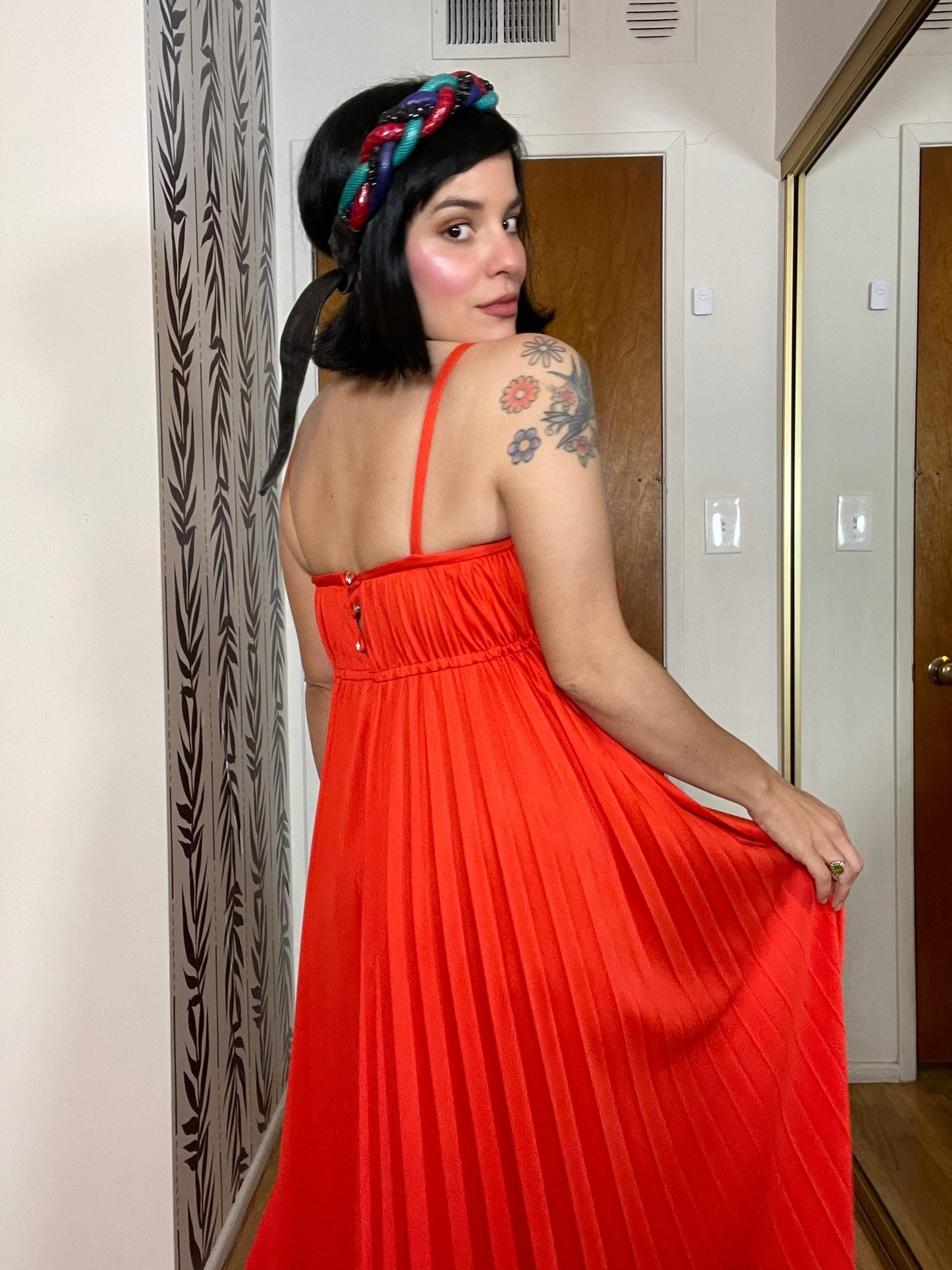 Vintage 70s "Oggee" Red Pleated Dress - Best Fits Size XS-S, Possibly M