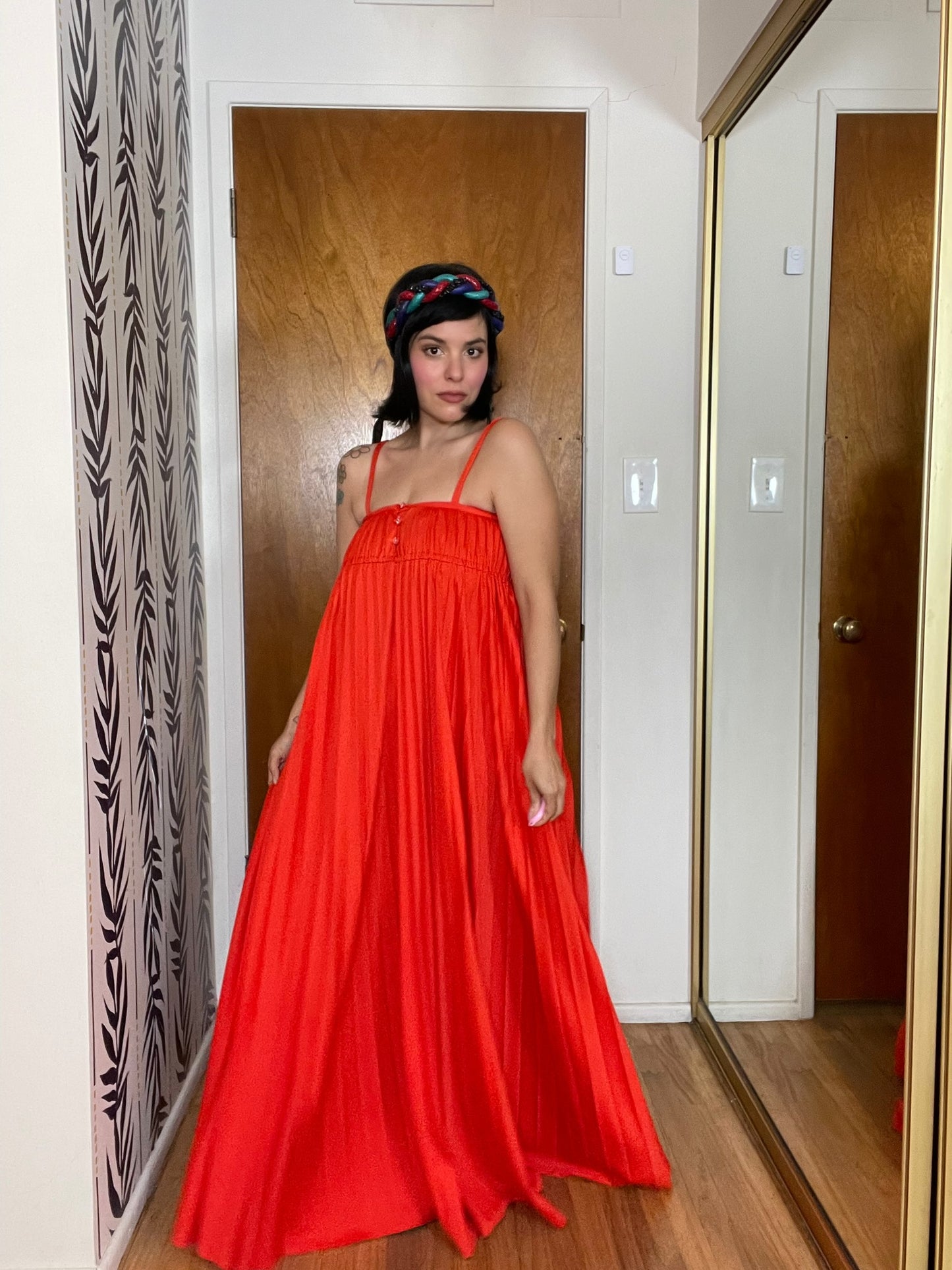 Vintage 70s "Oggee" Red Pleated Dress - Best Fits Size XS-S, Possibly M