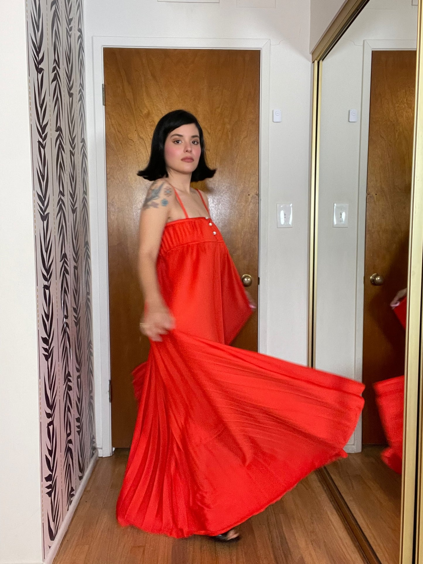 Vintage 70s "Oggee" Red Pleated Dress - Best Fits Size XS-S, Possibly M