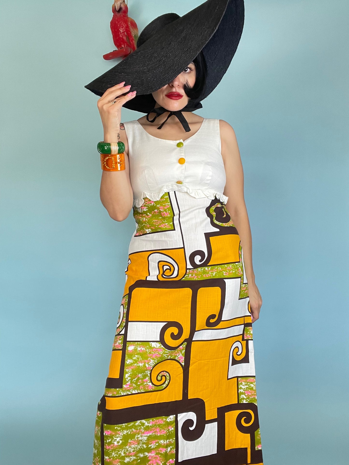 Vintage 60s / 70s White Groovy Tiki Print Maxi Dress "Momi's Fashions Hawaii" Fits Sizes XS-S
