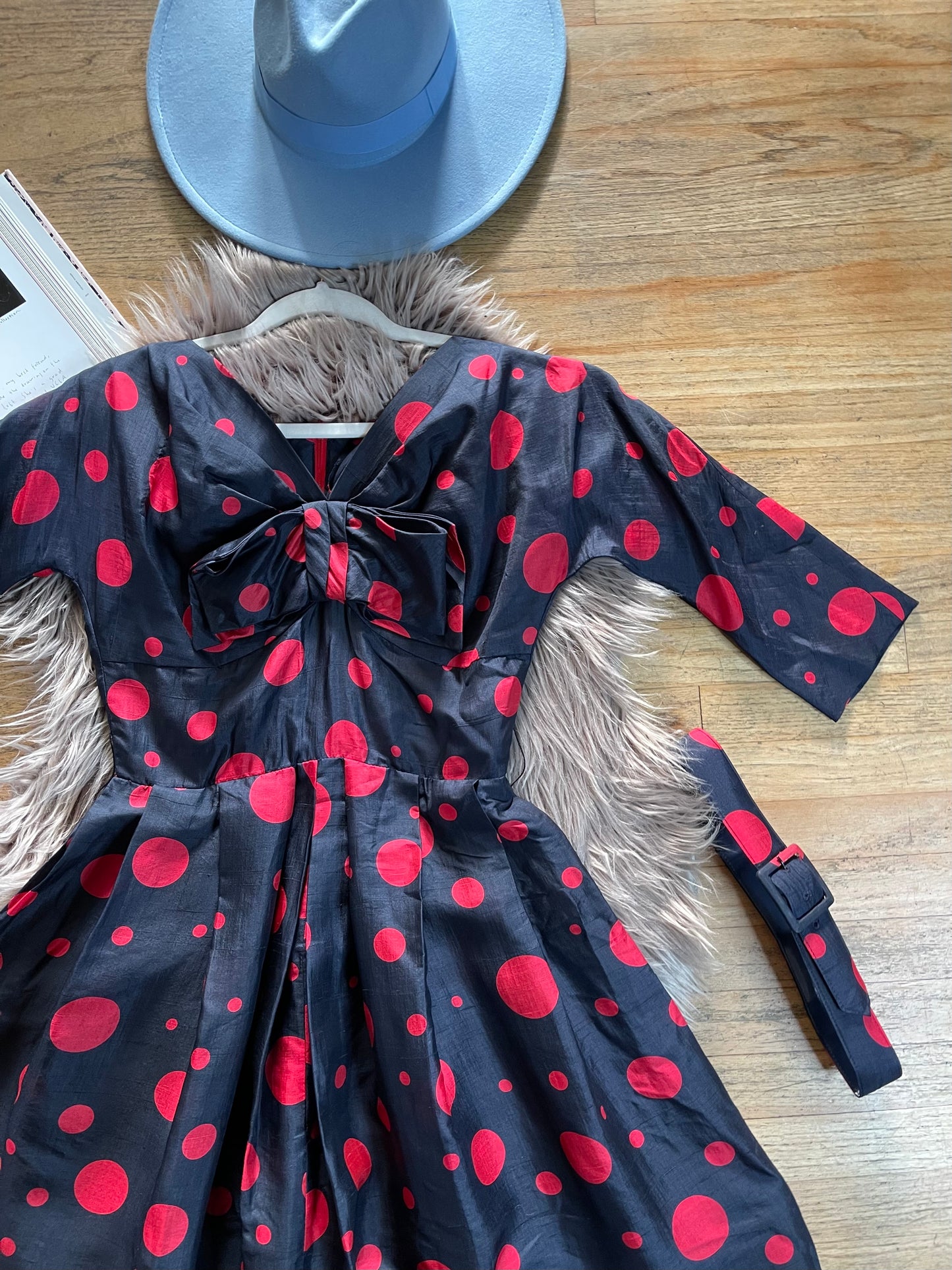 Vintage 50s 60s Red and Black Silk Blend Abstract Polka Dot Fit n Flare Dress with Attached Front Bow Fits Sizes XS