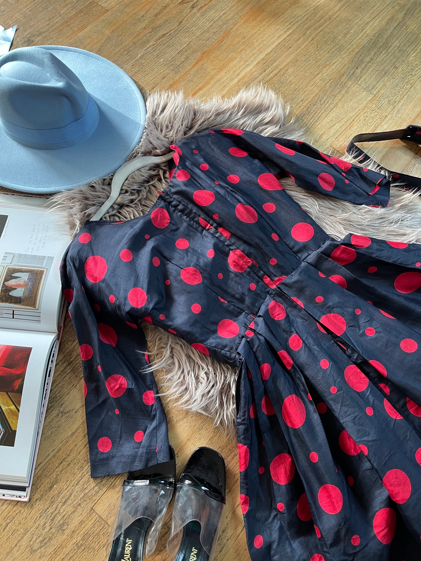 Vintage 50s 60s Red and Black Silk Blend Abstract Polka Dot Fit n Flare Dress with Attached Front Bow Fits Sizes XS