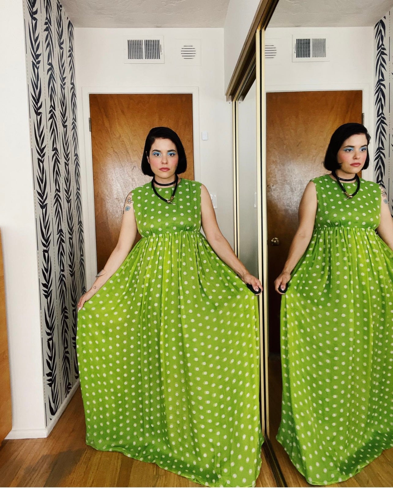 Vintage 60s / 70s Polka Dot Chiffon Empire Waist Maxi Dress fits sizes S-M