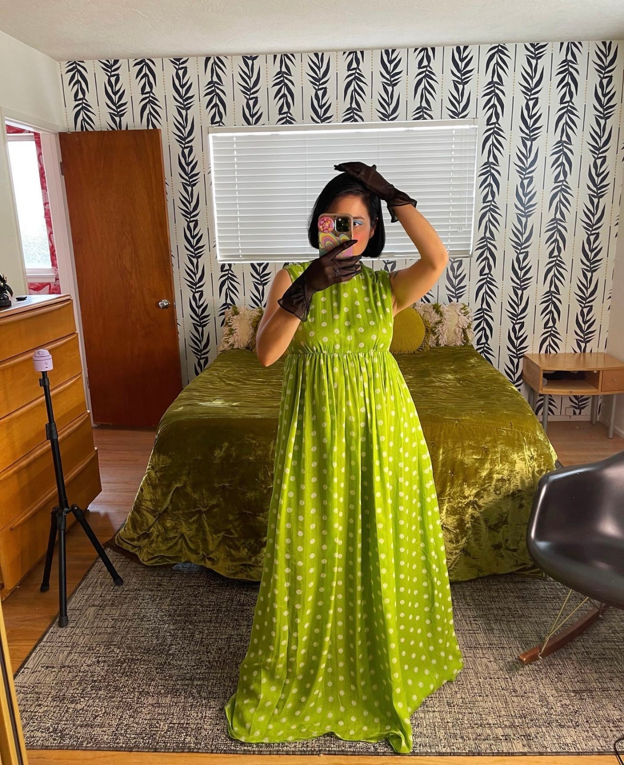 Vintage 60s / 70s Polka Dot Chiffon Empire Waist Maxi Dress fits sizes S-M