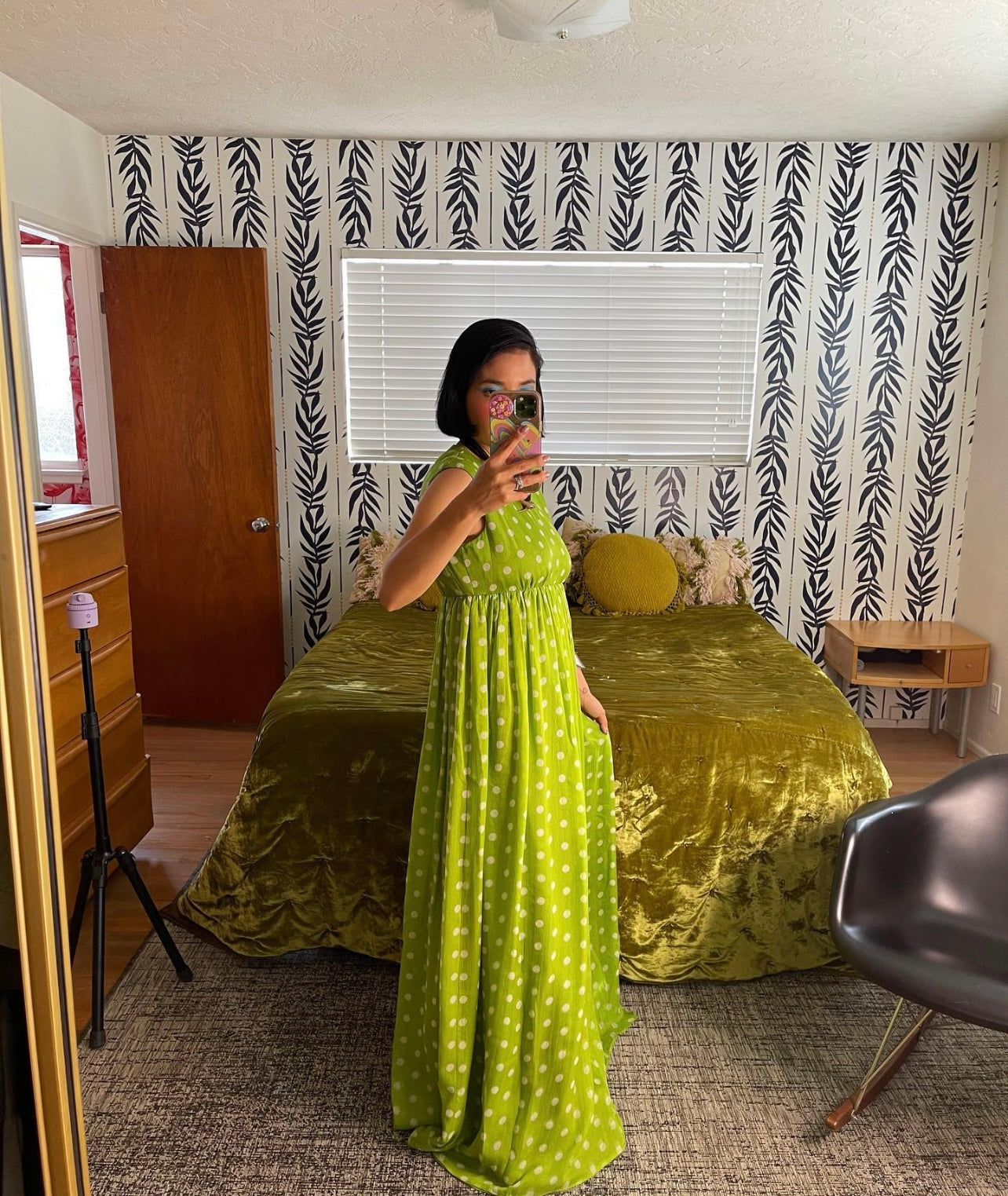Vintage 60s / 70s Polka Dot Chiffon Empire Waist Maxi Dress fits sizes S-M