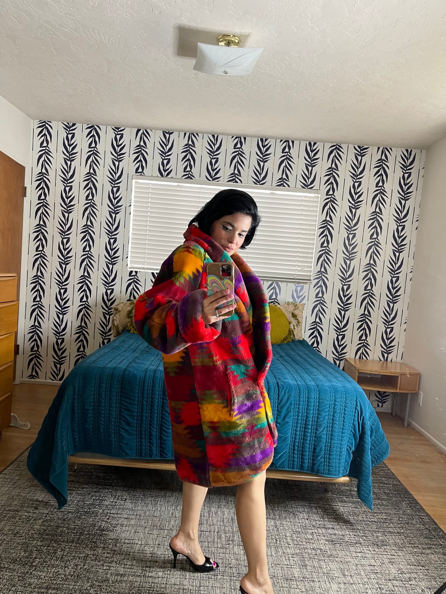 Vintage Donnybrook Rainbow Southwest Faux Fur Coat Fits Sizes S-XL