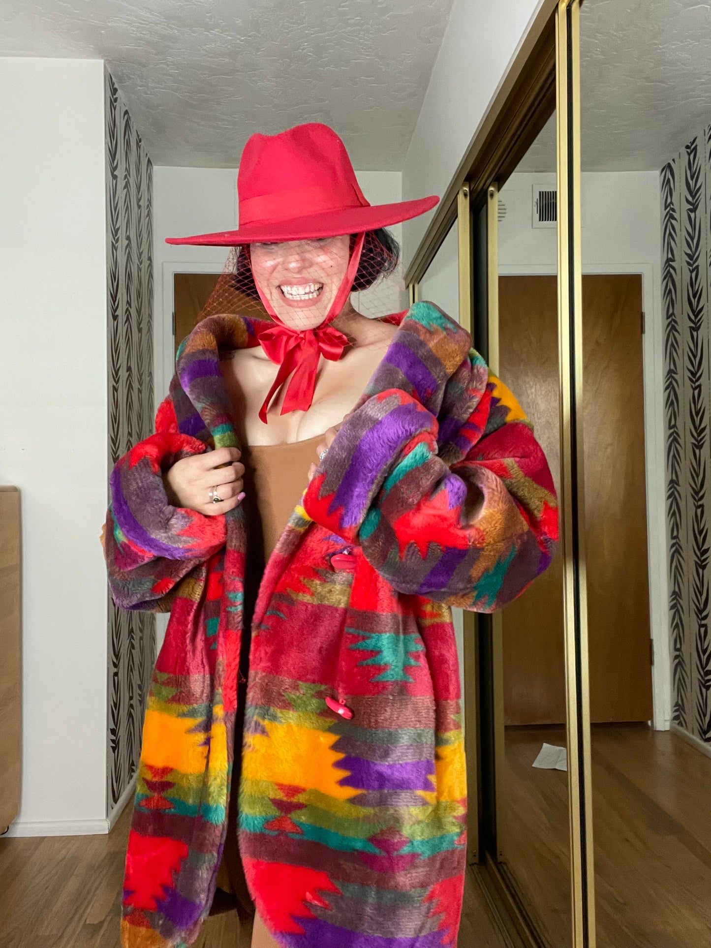 Vintage Donnybrook Rainbow Southwest Faux Fur Coat Fits Sizes S-XL