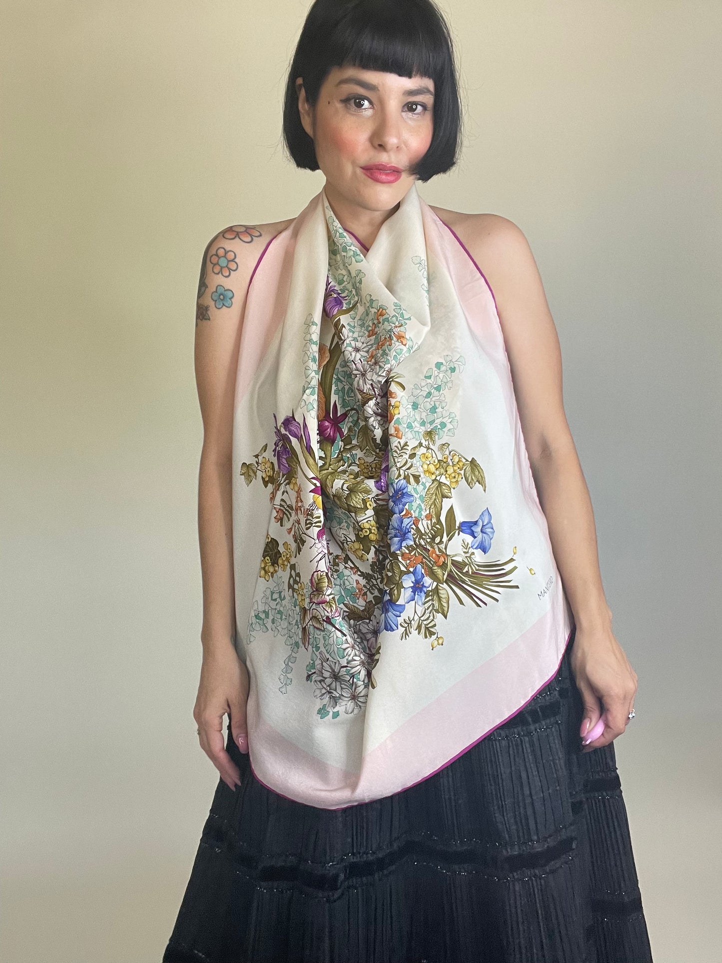 Vintage 80s Floral Garden "Mantero" Silk Scarf