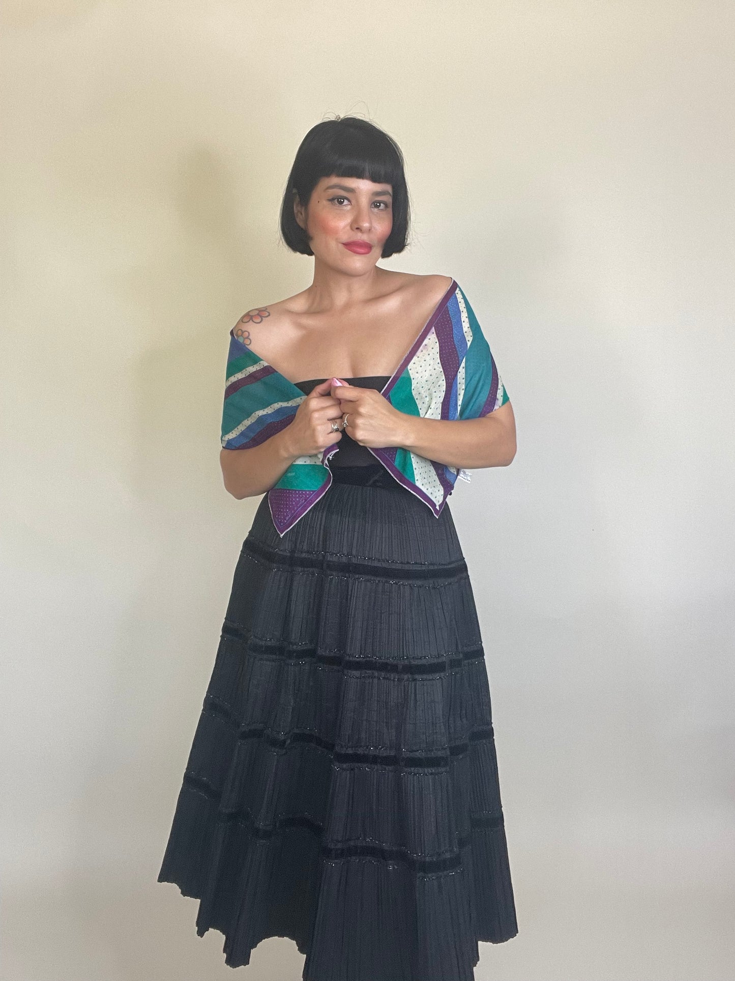 Vintage 60s / 70s Light Cotton Striped Dot Scarf One Size