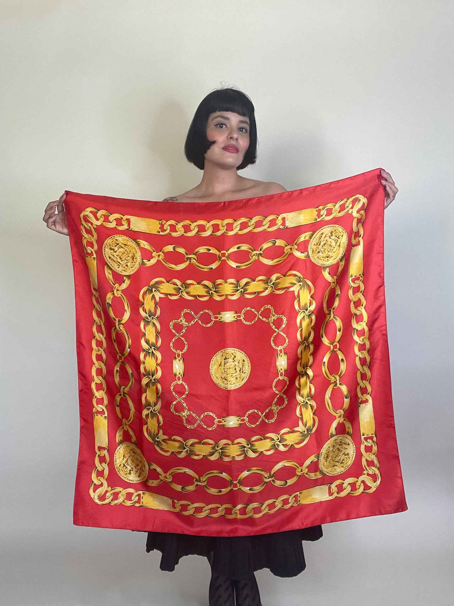 Vintage 80s Silk Gold Chain Novelty Print Scarf