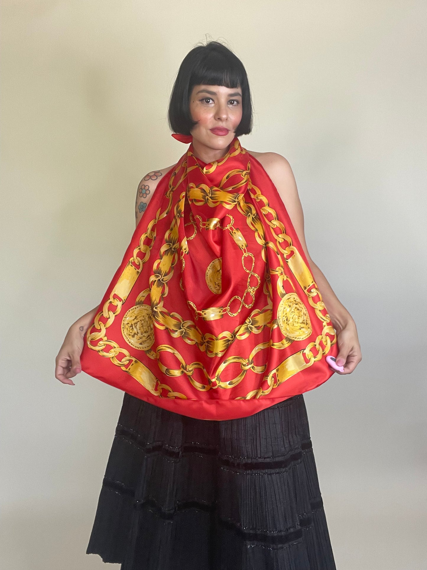 Vintage 80s Silk Gold Chain Novelty Print Scarf