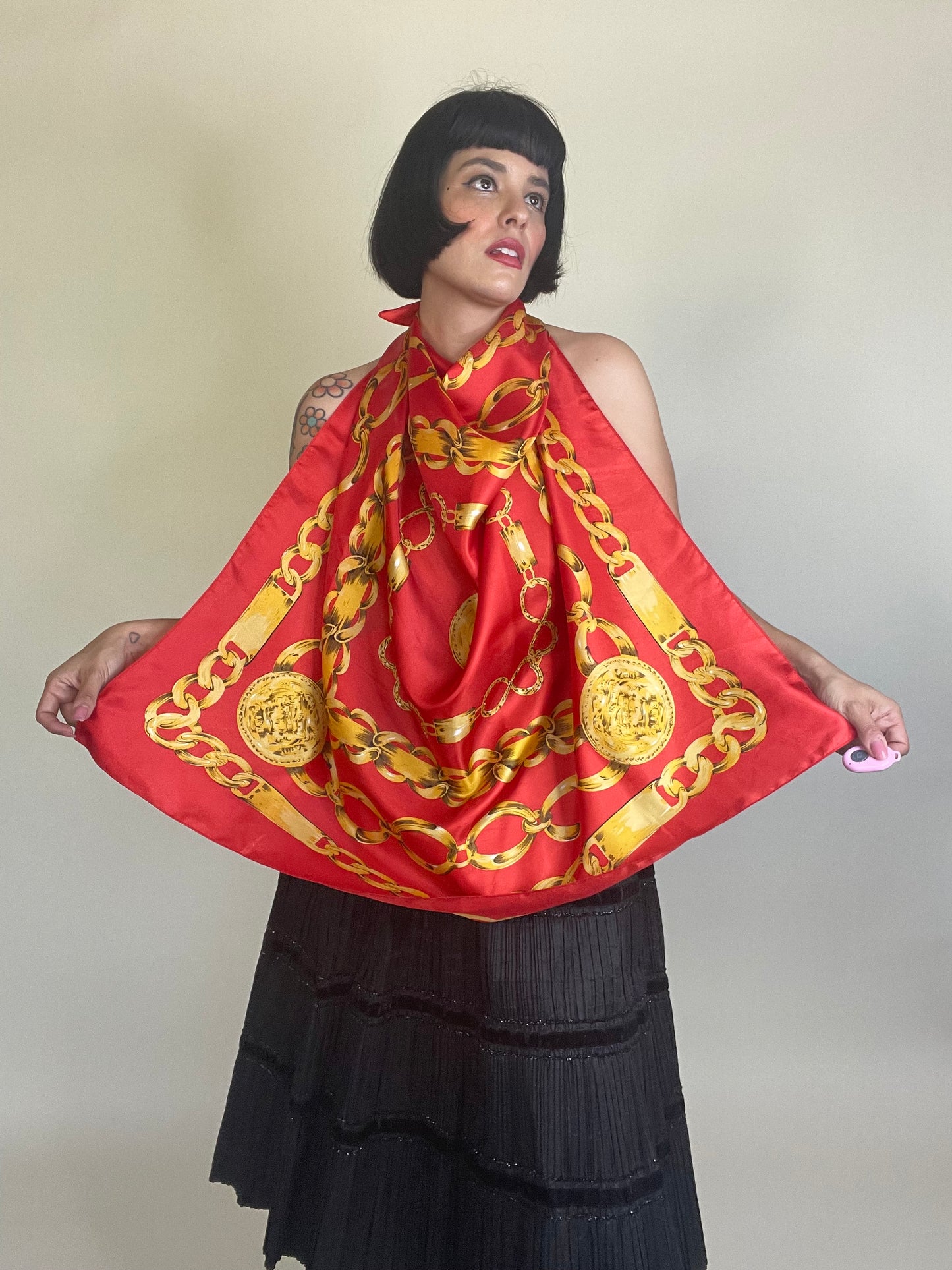 Vintage 80s Silk Gold Chain Novelty Print Scarf