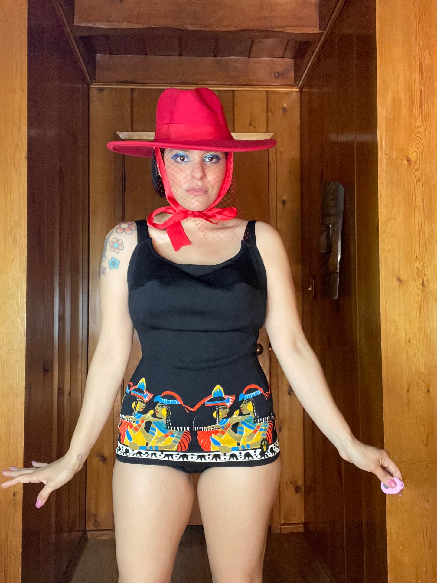 Vintage 50s / 60s Triumph Cleopatra Novelty Print Swimsuit Fits Sizes S-M