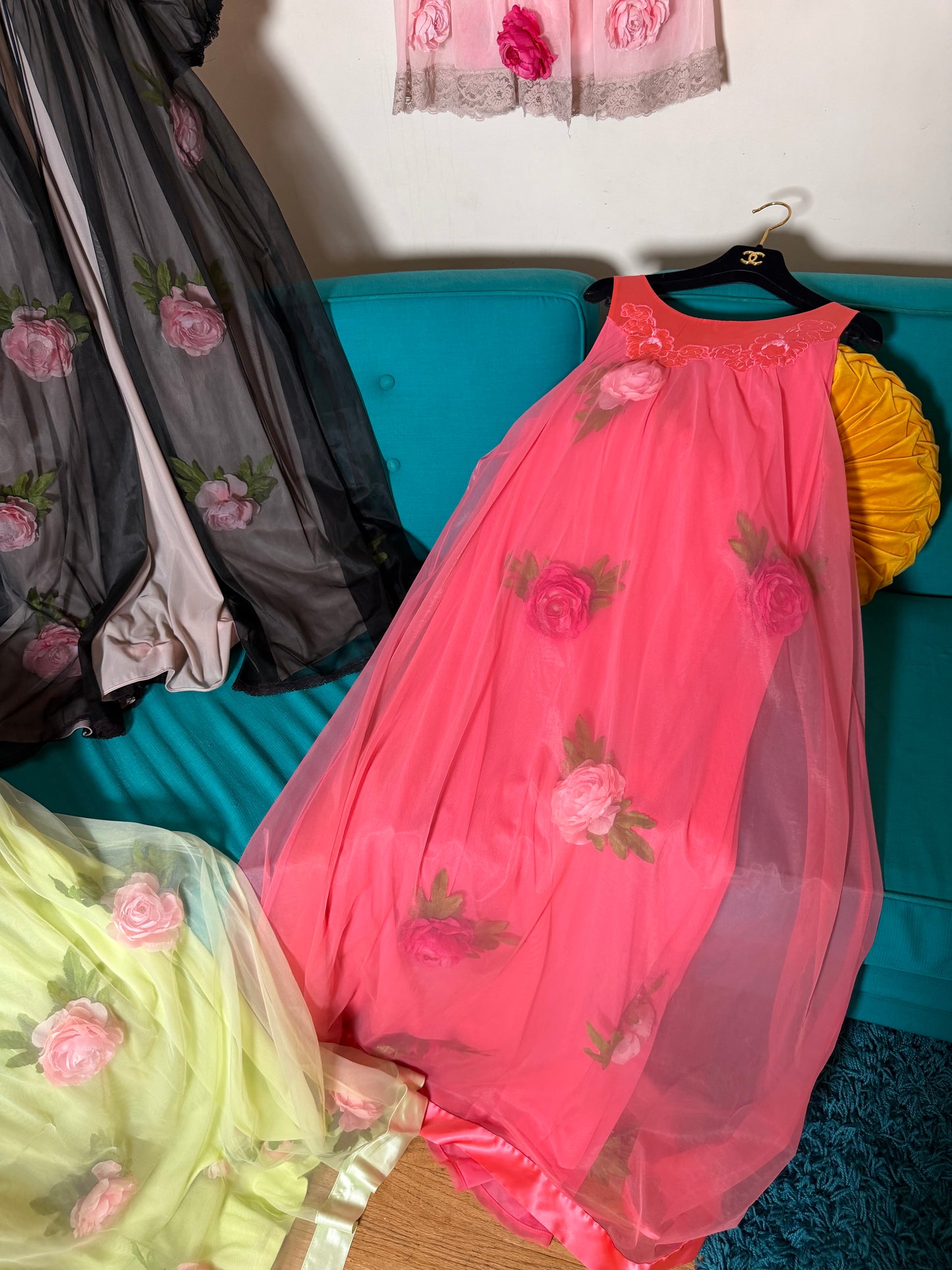 Vintage Custom 60s 70s Salmon Pink Nylon Trapeze Slip Dress with 3-D Flowers Fits XS-L