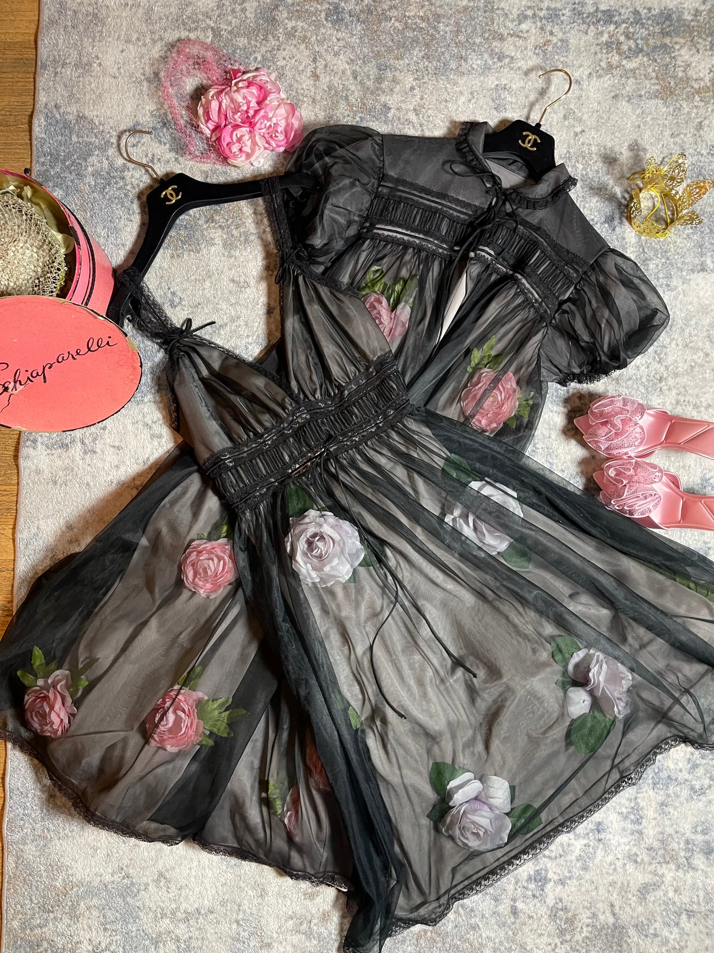 Vintage Custom 50s 60s Black Puffy Sheer Waistline 3-D Custom Slip Dress Fits S-L