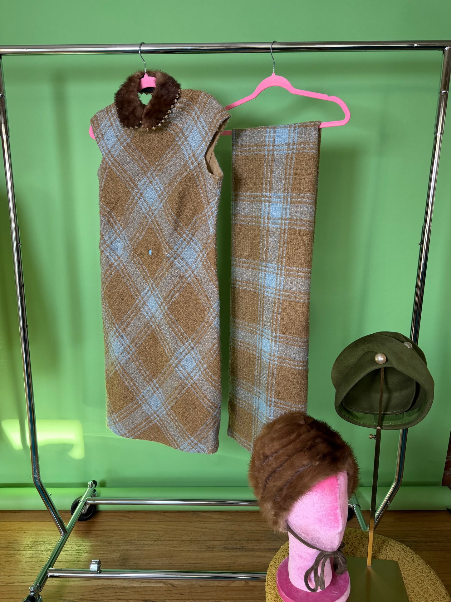 60s Plaid Boucle Dress and Shawl Set fits Sizes XS-SM