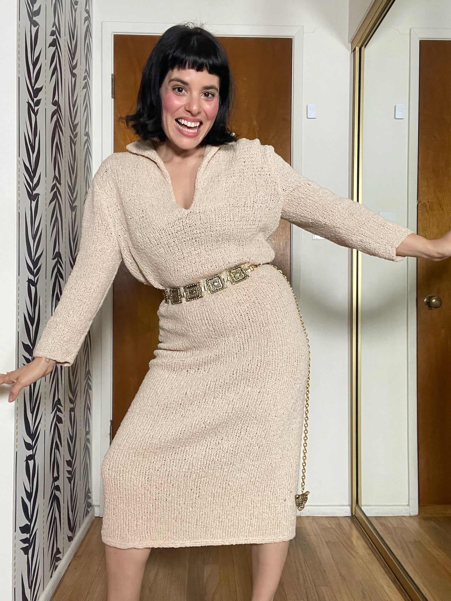 Vintage 60s "Adolfo for Saks Fifth Avenue" Oatmeal Knit Dress - Best Fits Size S-L, Possible XL