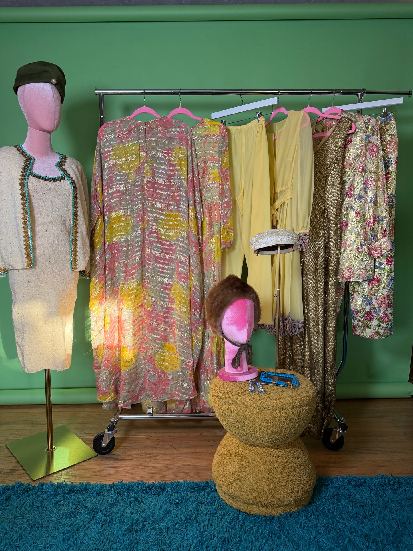 60s Abstract Floral Gold Lame Gown with Kaftan Overlay XS-M