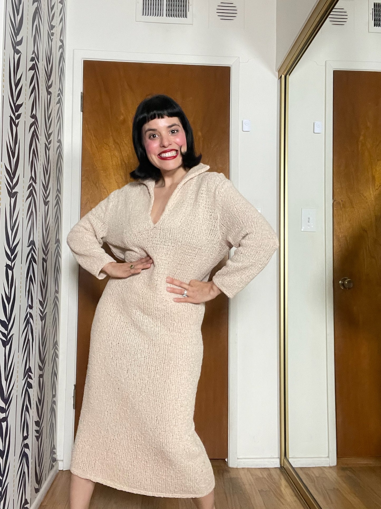 Vintage 60s "Adolfo for Saks Fifth Avenue" Oatmeal Knit Dress - Best Fits Size S-L, Possible XL