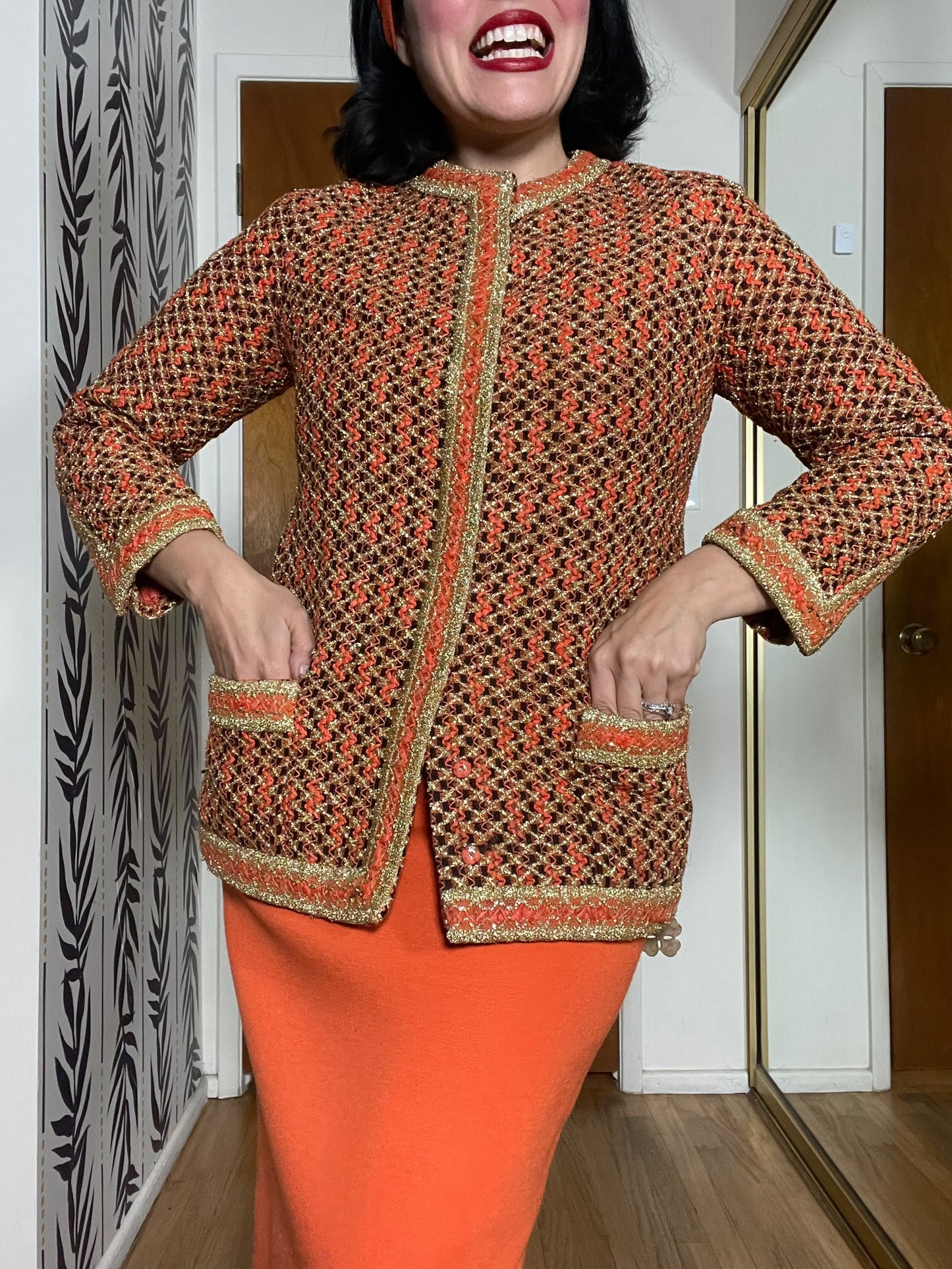 Vintage 60s "Marie-Martine Paris" Orange & Gold Jacket - Best Fits Size XS-M