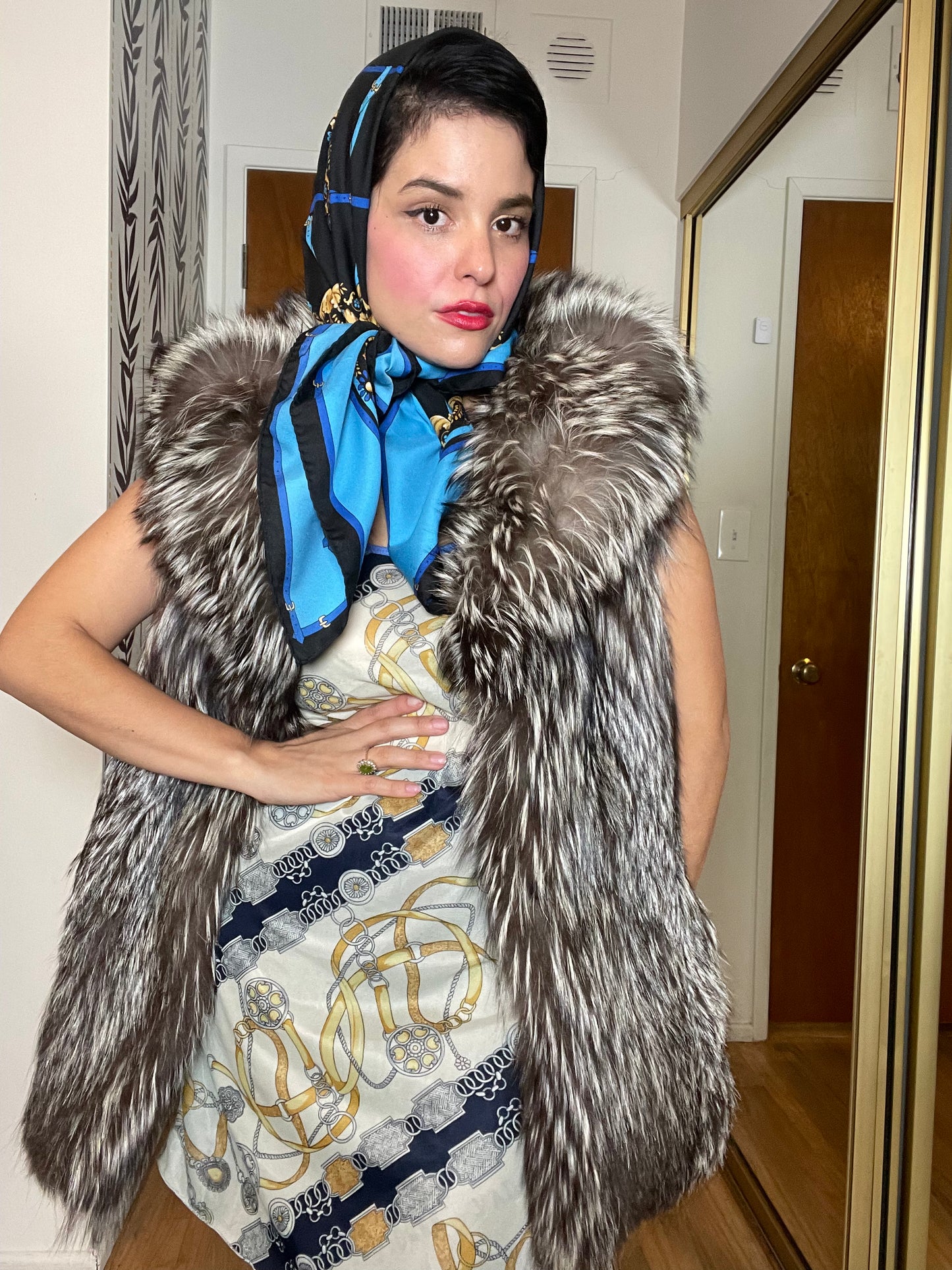 Vintage 60s 70s Blue Novelty Belt Print Scarf One Size