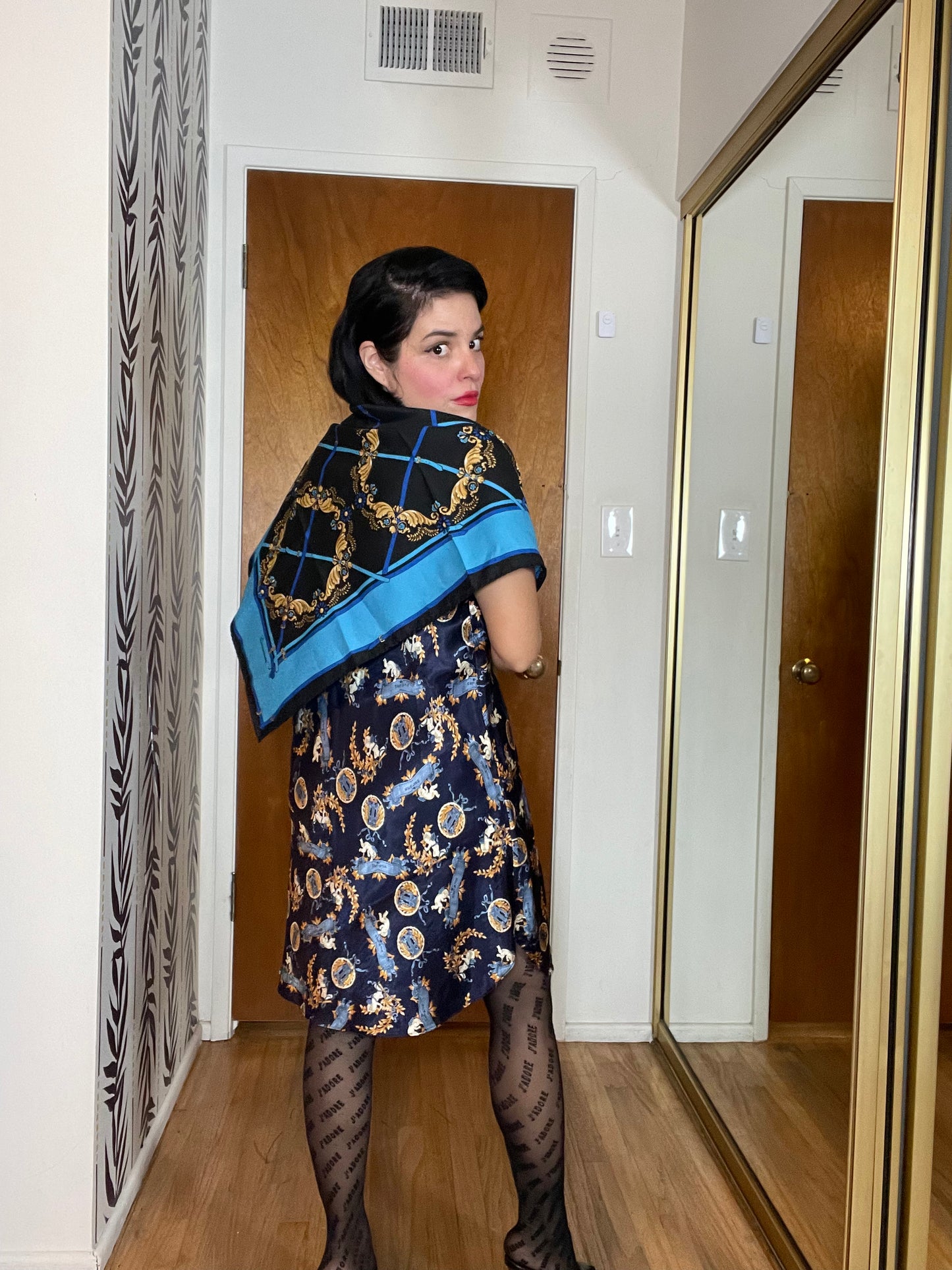 Vintage 60s 70s Blue Novelty Belt Print Scarf One Size