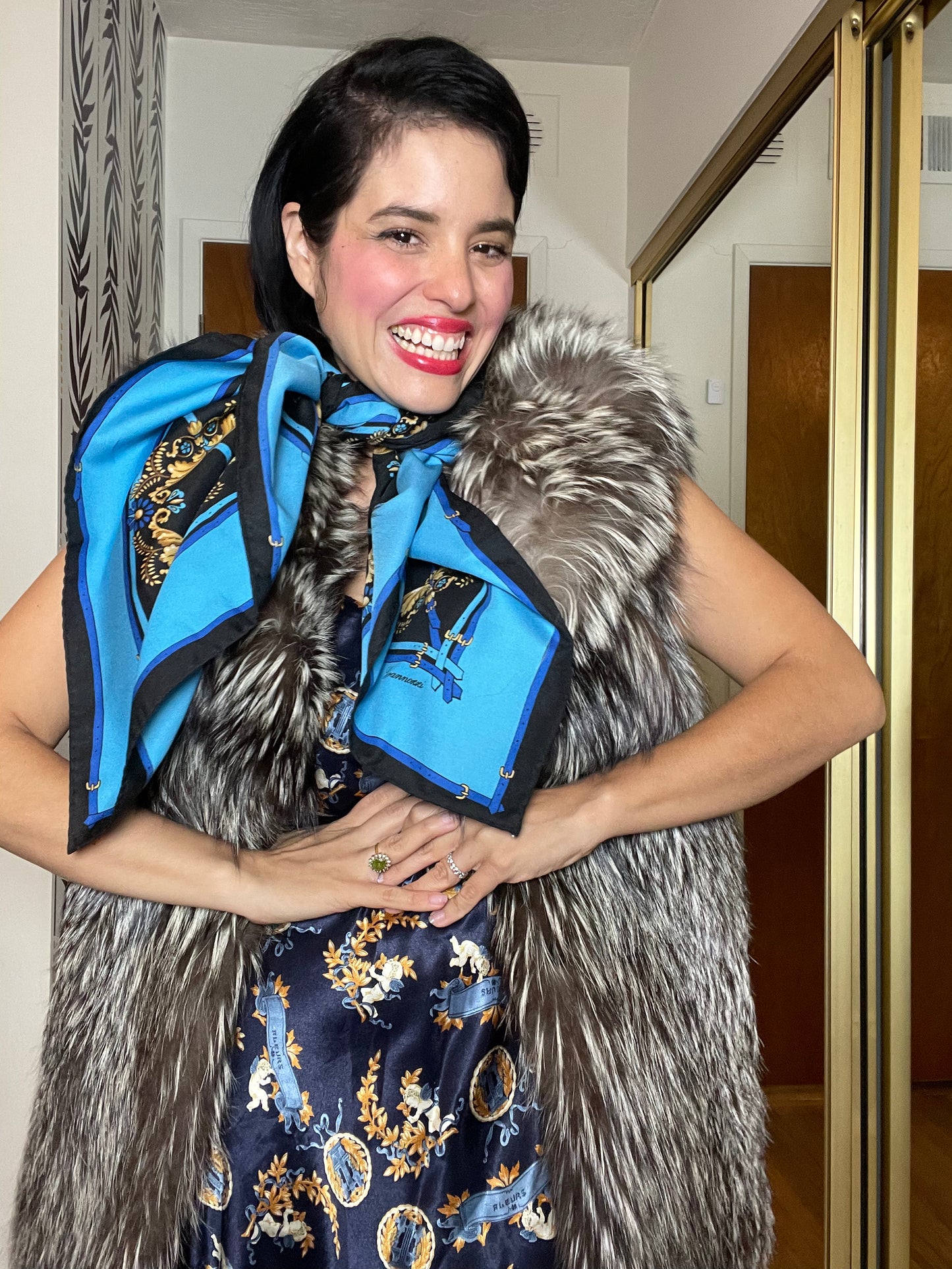 Vintage 60s 70s Blue Novelty Belt Print Scarf One Size