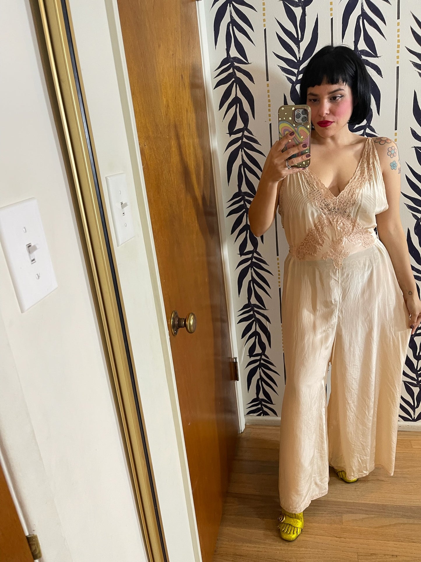 Vintage 30s 40s Peach Silk Pajama Jumpsuit - Fits Most Sizes