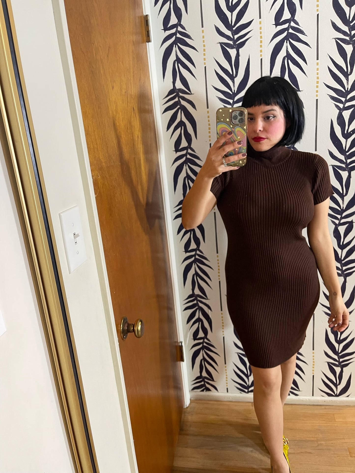 Vintage 80s 90s "Moda International" Brown Knit Bodycon Dress - Fits Size XS-M