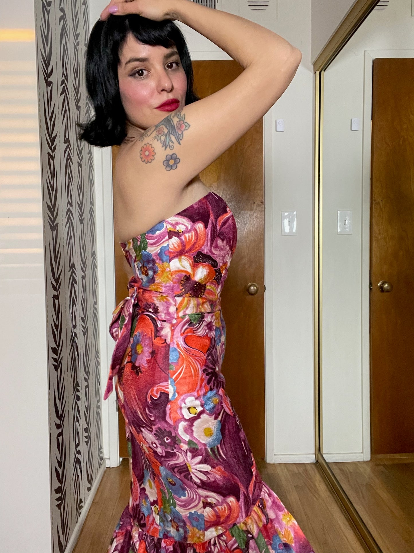 Vintage 60s Strapless Floral Print Mermaid Dress - Best Fits Size XS-S