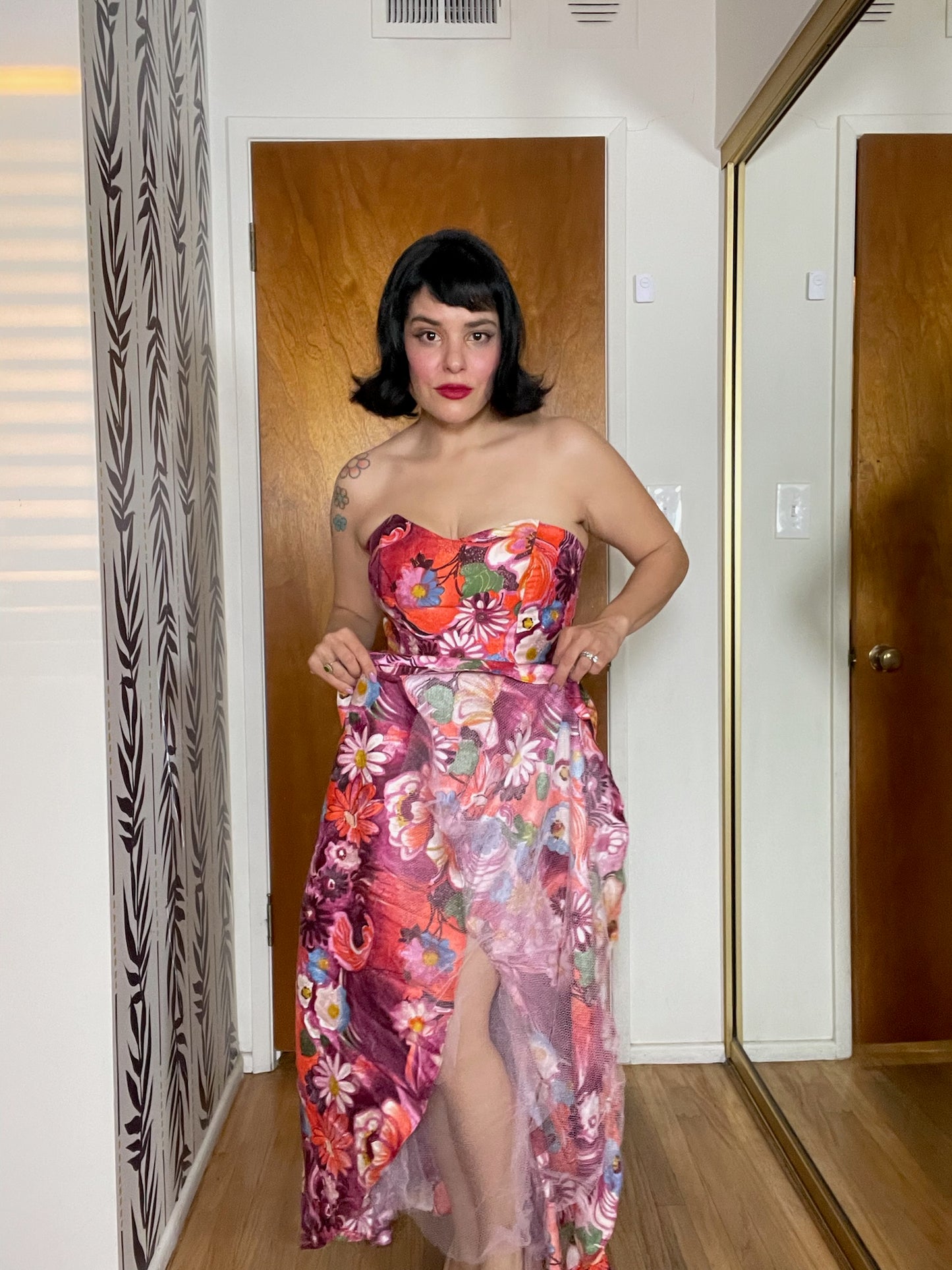 Vintage 60s Strapless Floral Print Mermaid Dress - Best Fits Size XS-S