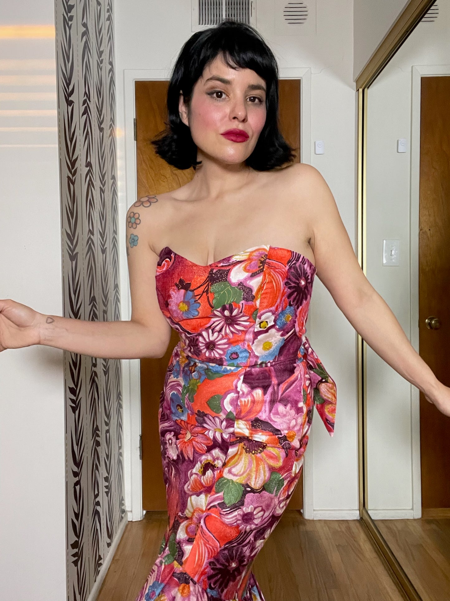 Vintage 60s Strapless Floral Print Mermaid Dress - Best Fits Size XS-S