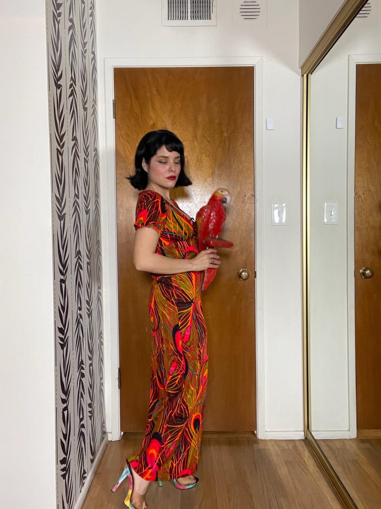 Vintage 60s 70s "Sunflower Of San Clemente" Peacock Feather Print Jumpsuit - Best Fits Size XXS-XS