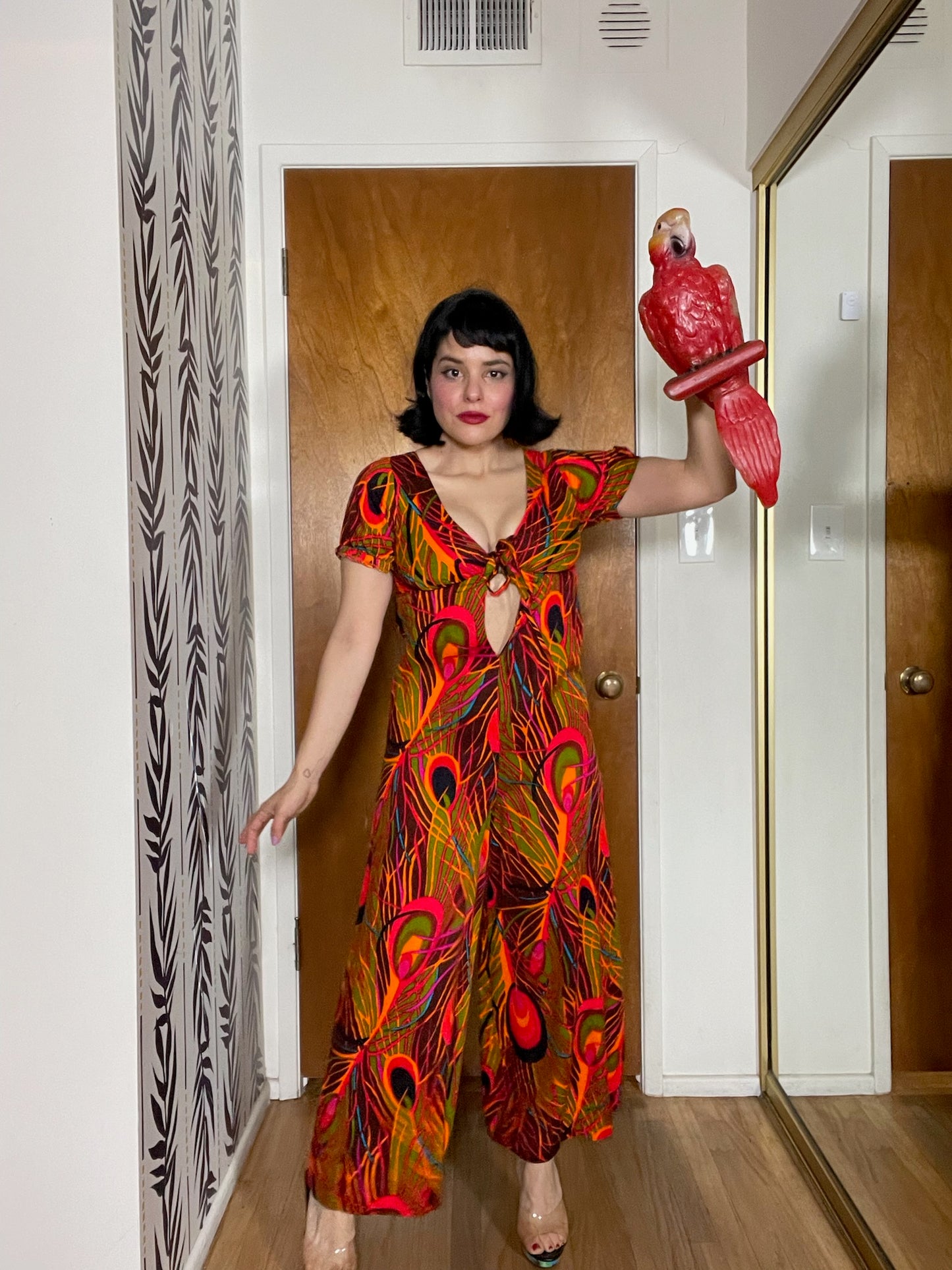 Vintage 60s 70s "Sunflower Of San Clemente" Peacock Feather Print Jumpsuit - Best Fits Size XXS-XS