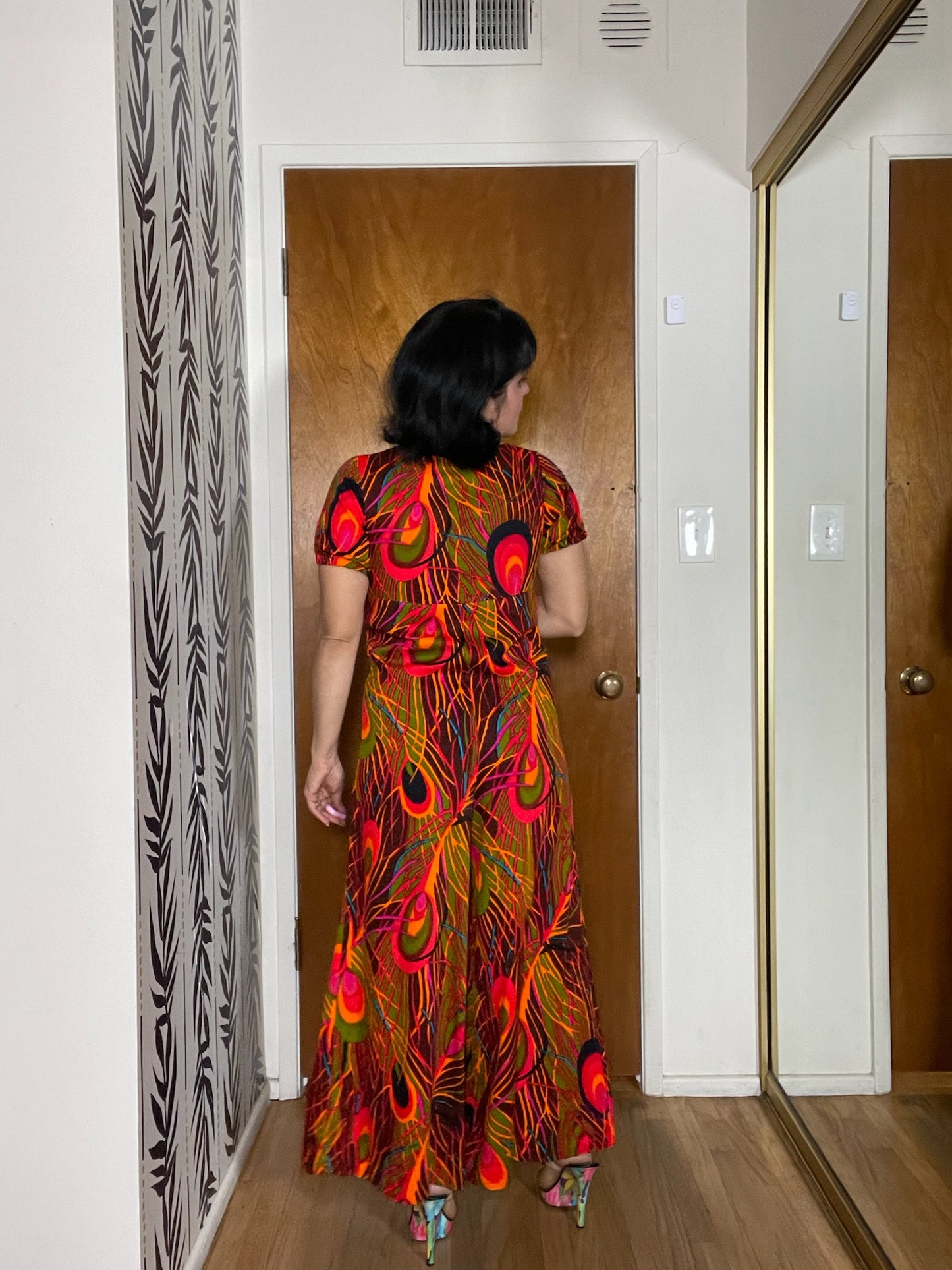 Vintage 60s 70s "Sunflower Of San Clemente" Peacock Feather Print Jumpsuit - Best Fits Size XXS-XS