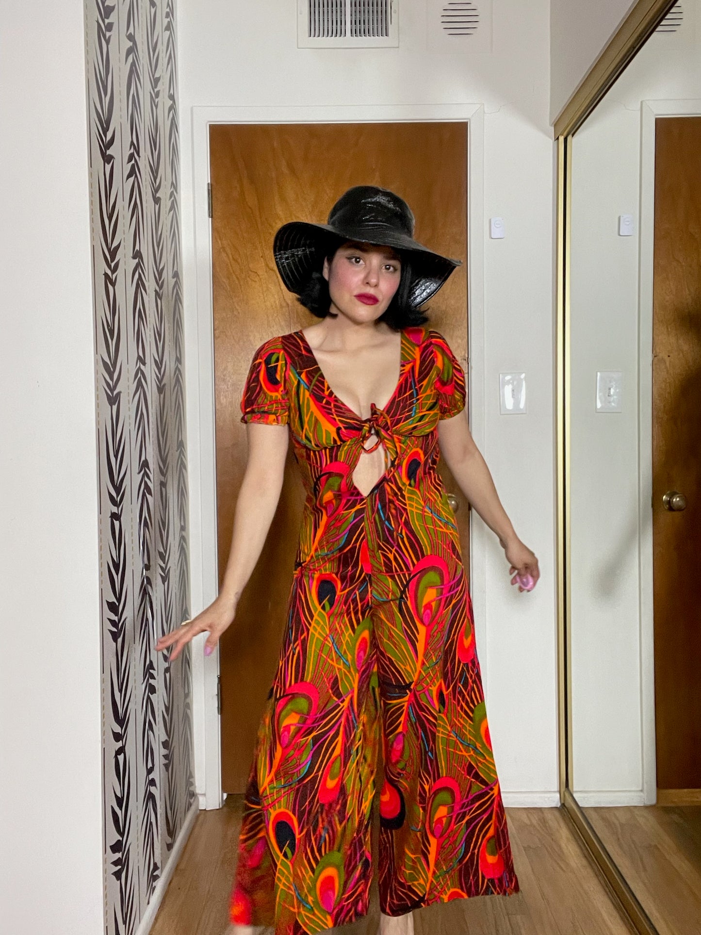 Vintage 60s 70s "Sunflower Of San Clemente" Peacock Feather Print Jumpsuit - Best Fits Size XXS-XS