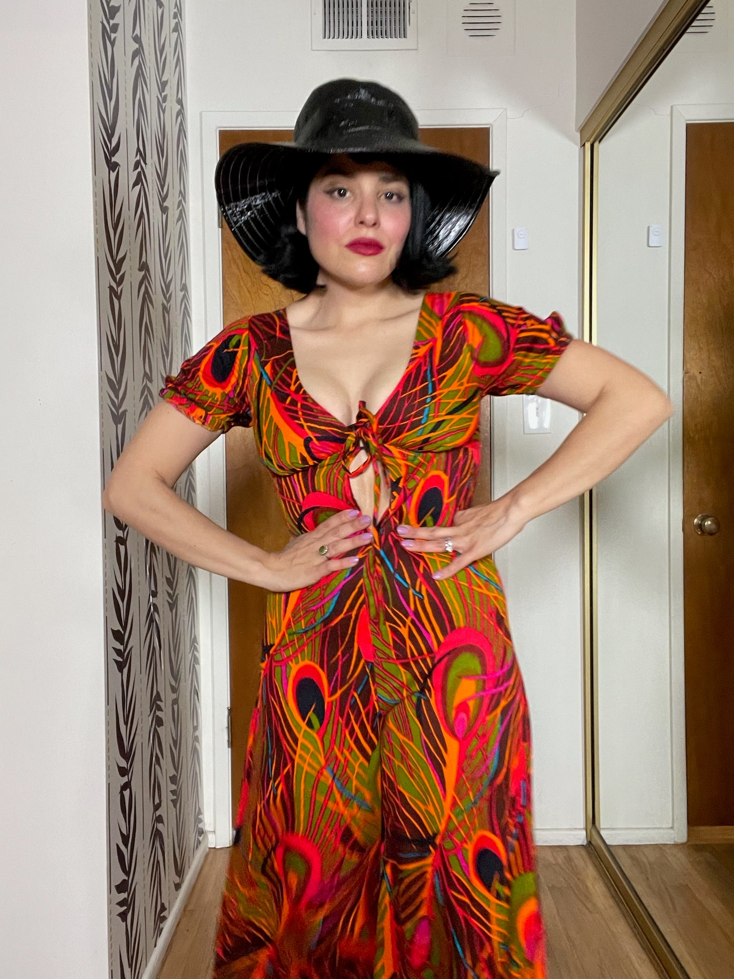 Vintage 60s 70s "Sunflower Of San Clemente" Peacock Feather Print Jumpsuit - Best Fits Size XXS-XS