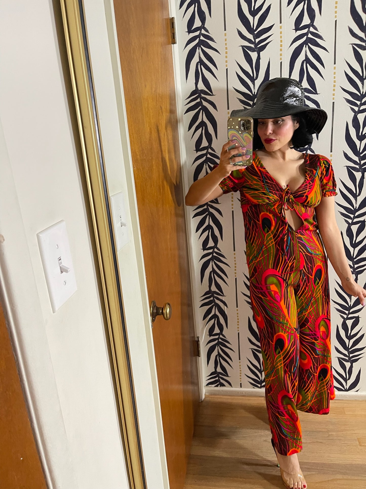 Vintage 60s 70s "Sunflower Of San Clemente" Peacock Feather Print Jumpsuit - Best Fits Size XXS-XS