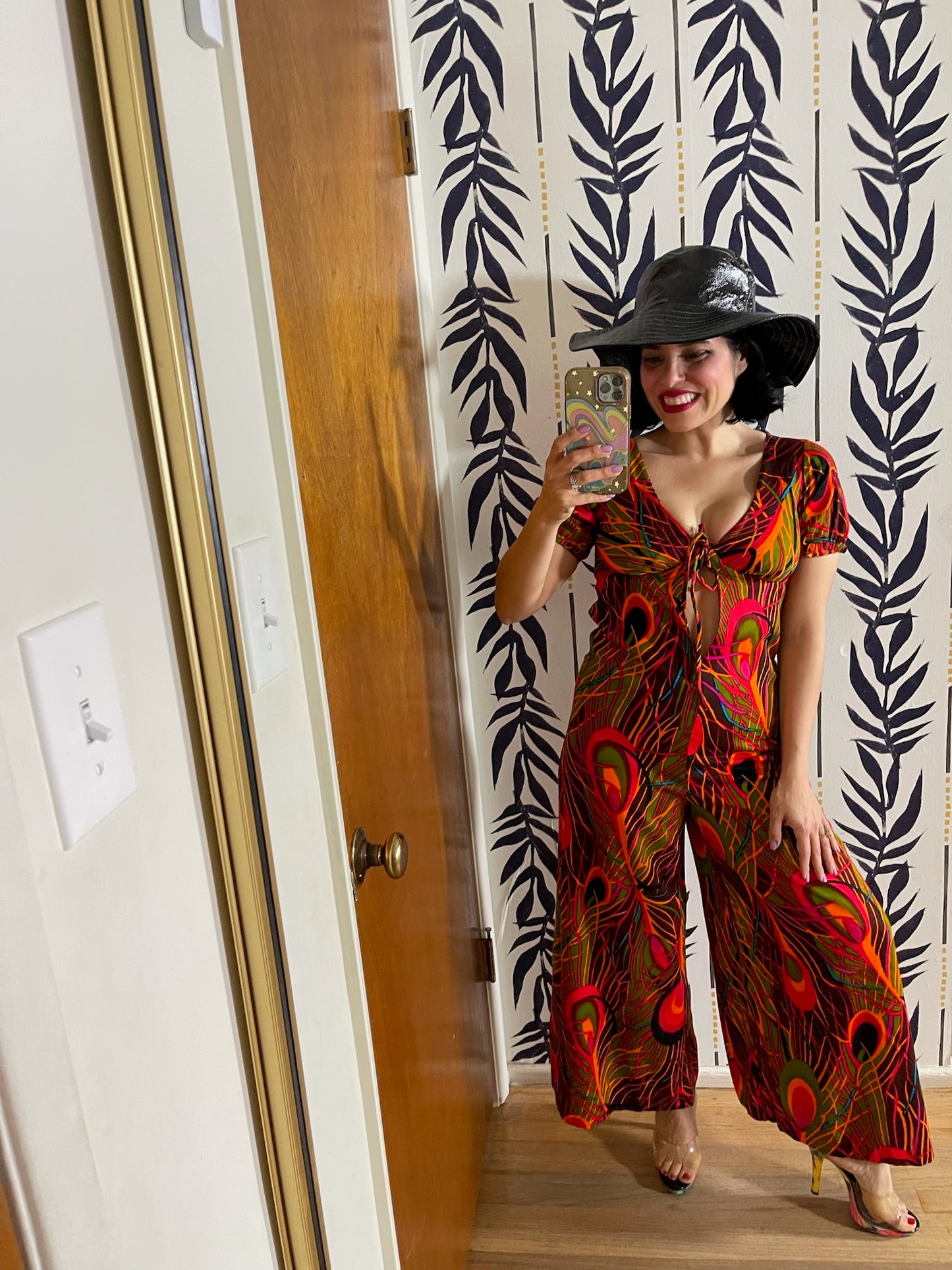 Vintage 60s 70s "Sunflower Of San Clemente" Peacock Feather Print Jumpsuit - Best Fits Size XXS-XS