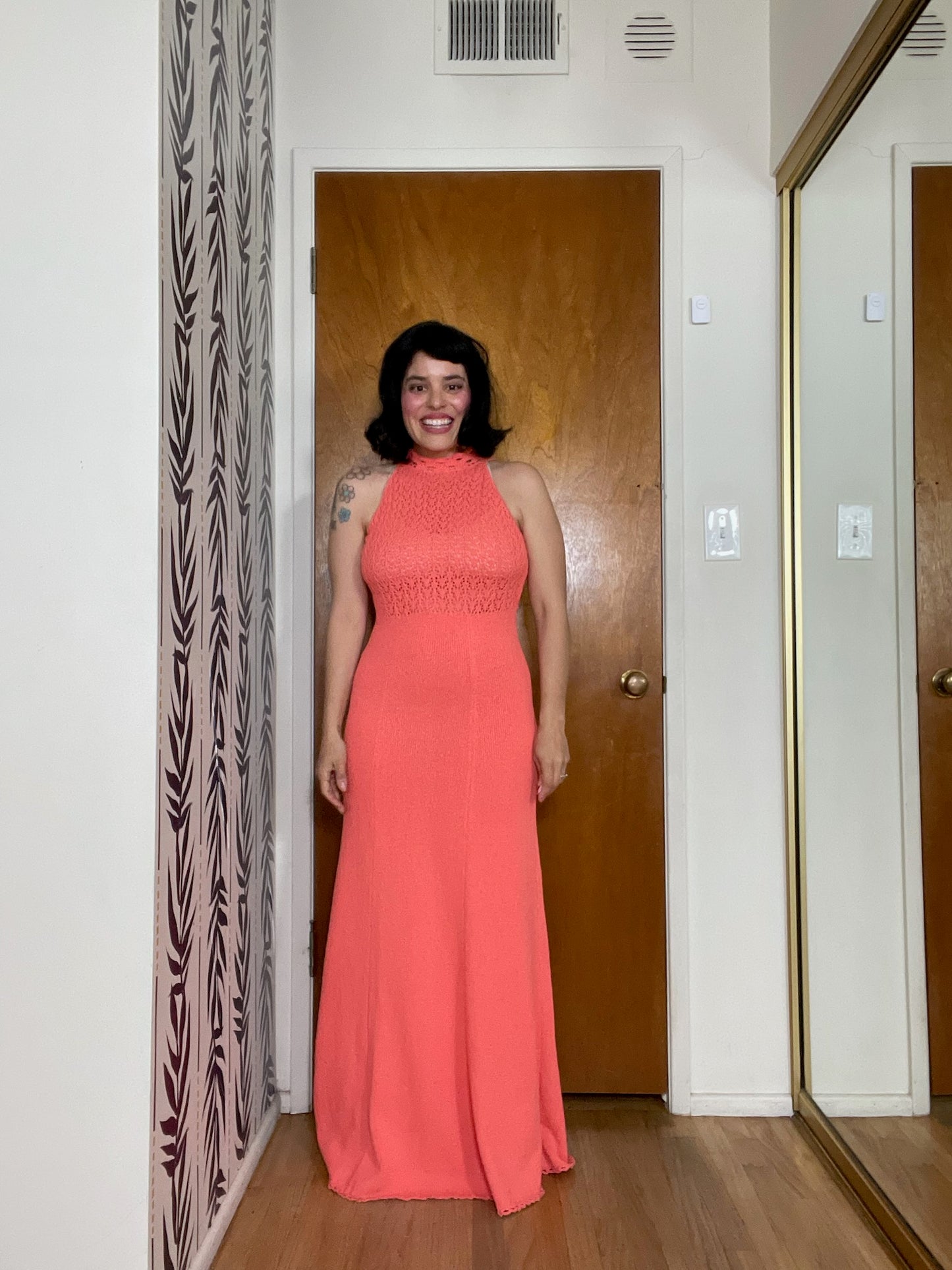Vintage 60s 70s "Picardo Knits" Salmon Pink Slinky Maxi Dress - Best Fits Sizes XS-M & Possible Size L