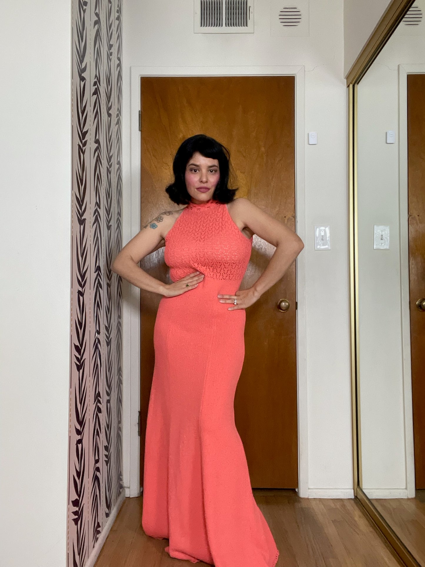 Vintage 60s 70s "Picardo Knits" Salmon Pink Slinky Maxi Dress - Best Fits Sizes XS-M & Possible Size L