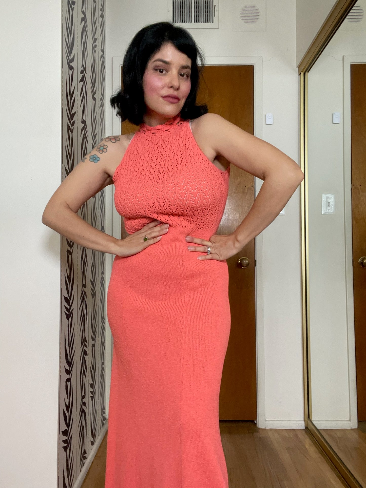 Vintage 60s 70s "Picardo Knits" Salmon Pink Slinky Maxi Dress - Best Fits Sizes XS-M & Possible Size L