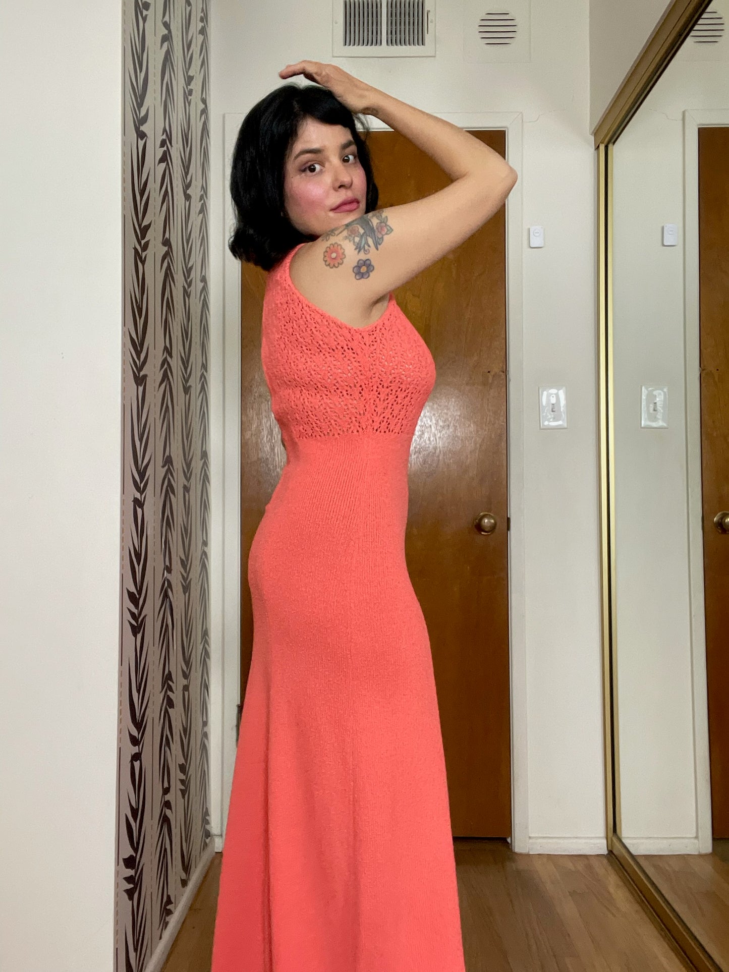 Vintage 60s 70s "Picardo Knits" Salmon Pink Slinky Maxi Dress - Best Fits Sizes XS-M & Possible Size L