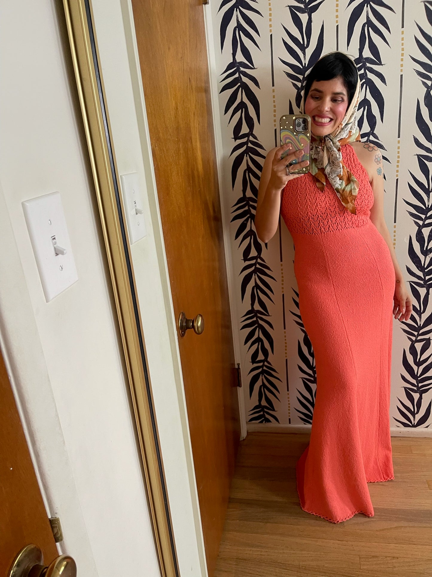 Vintage 60s 70s "Picardo Knits" Salmon Pink Slinky Maxi Dress - Best Fits Sizes XS-M & Possible Size L
