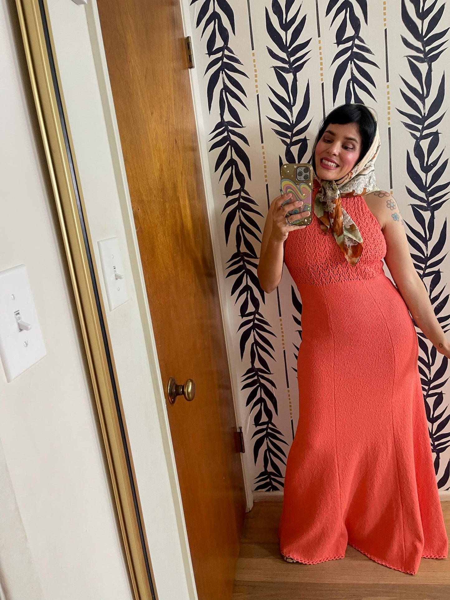 Vintage 60s 70s "Picardo Knits" Salmon Pink Slinky Maxi Dress - Best Fits Sizes XS-M & Possible Size L