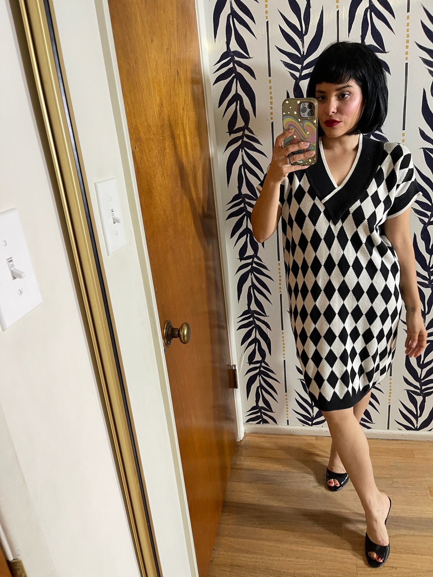 Vintage 80s "Kazmel" Black & White Diamond Knit Dress - Fits Most Sizes