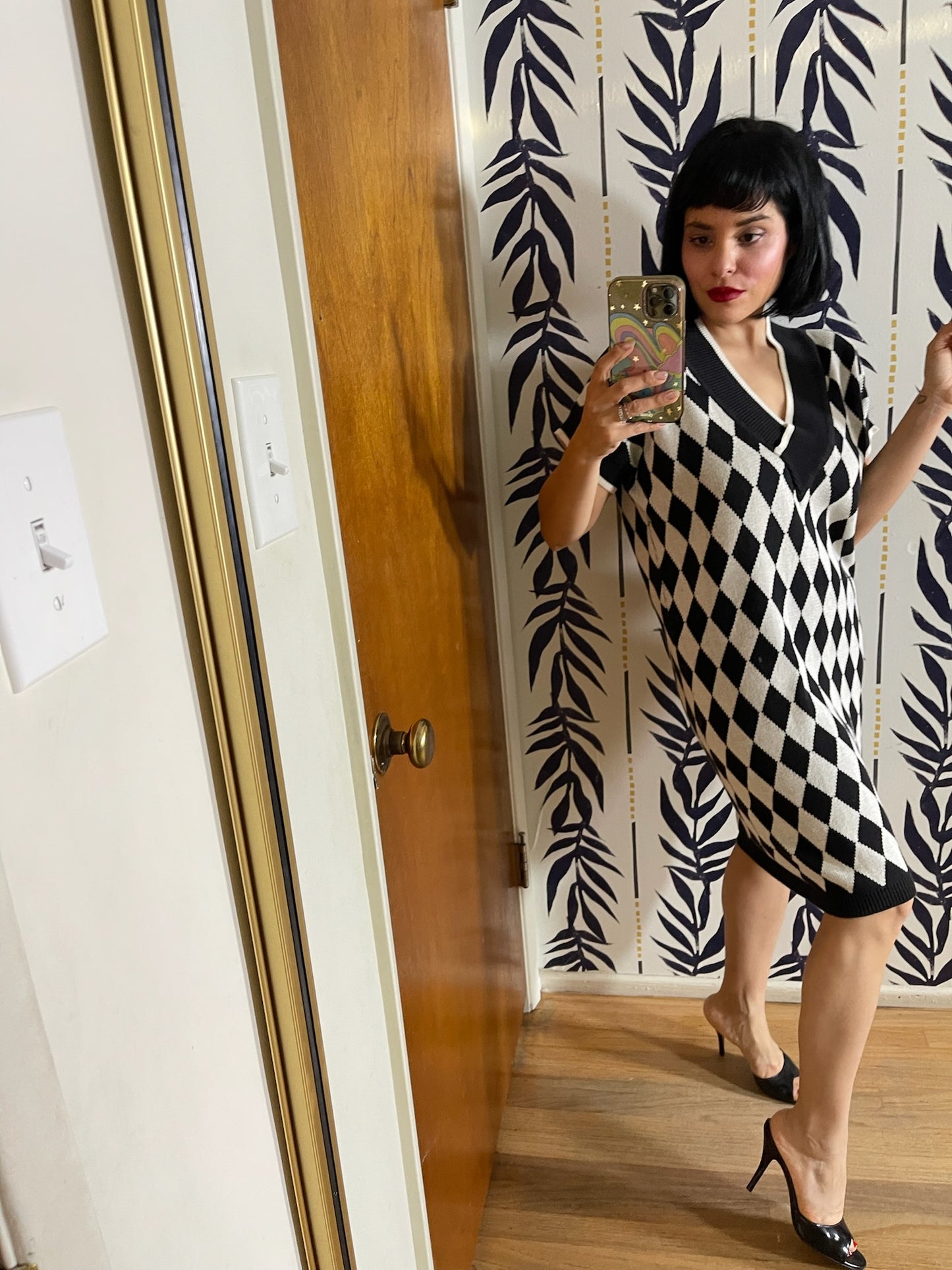 Vintage 80s "Kazmel" Black & White Diamond Knit Dress - Fits Most Sizes